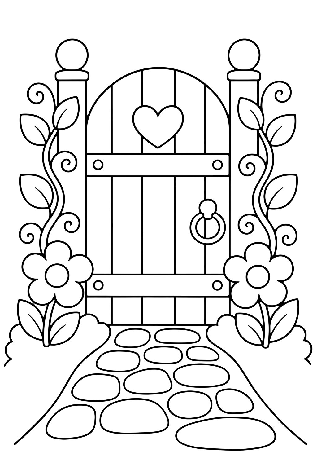 Puerta de jardín con enredaderas para colorear con una puerta de jardín sencilla con enredaderas curvas, tres hojas a cada lado, dos flores y un camino curvo de piedras