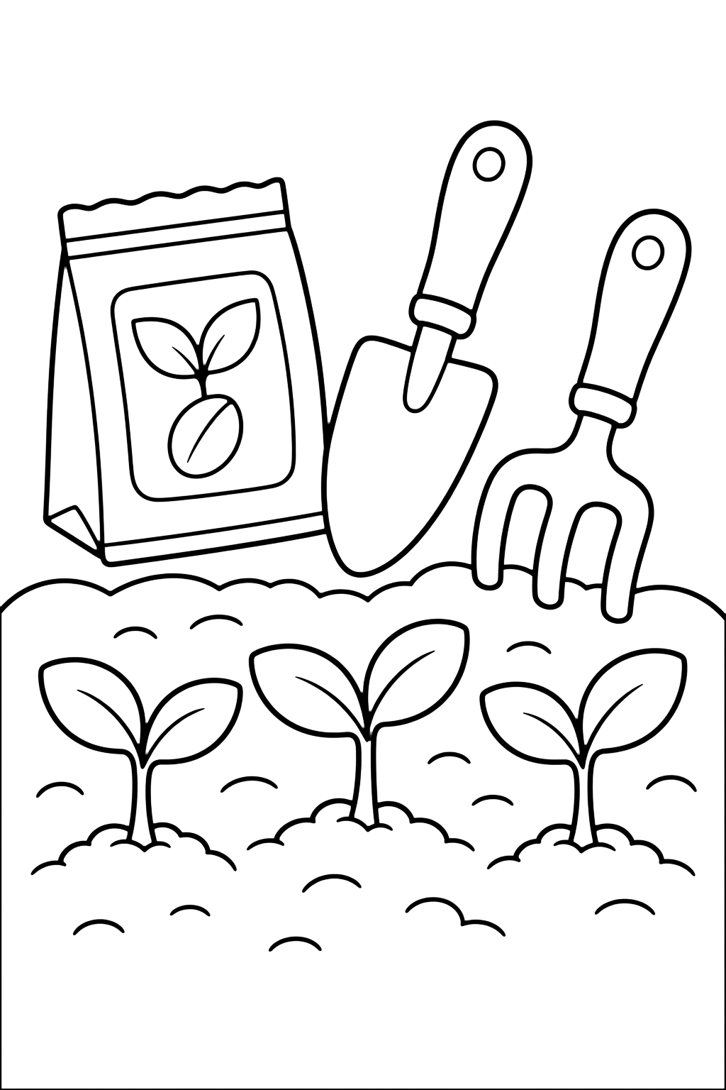 garden tools and seedlings coloring page with a small trowel, a hand rake, three seedlings, a seed packet without text, and simple soil lines for kids