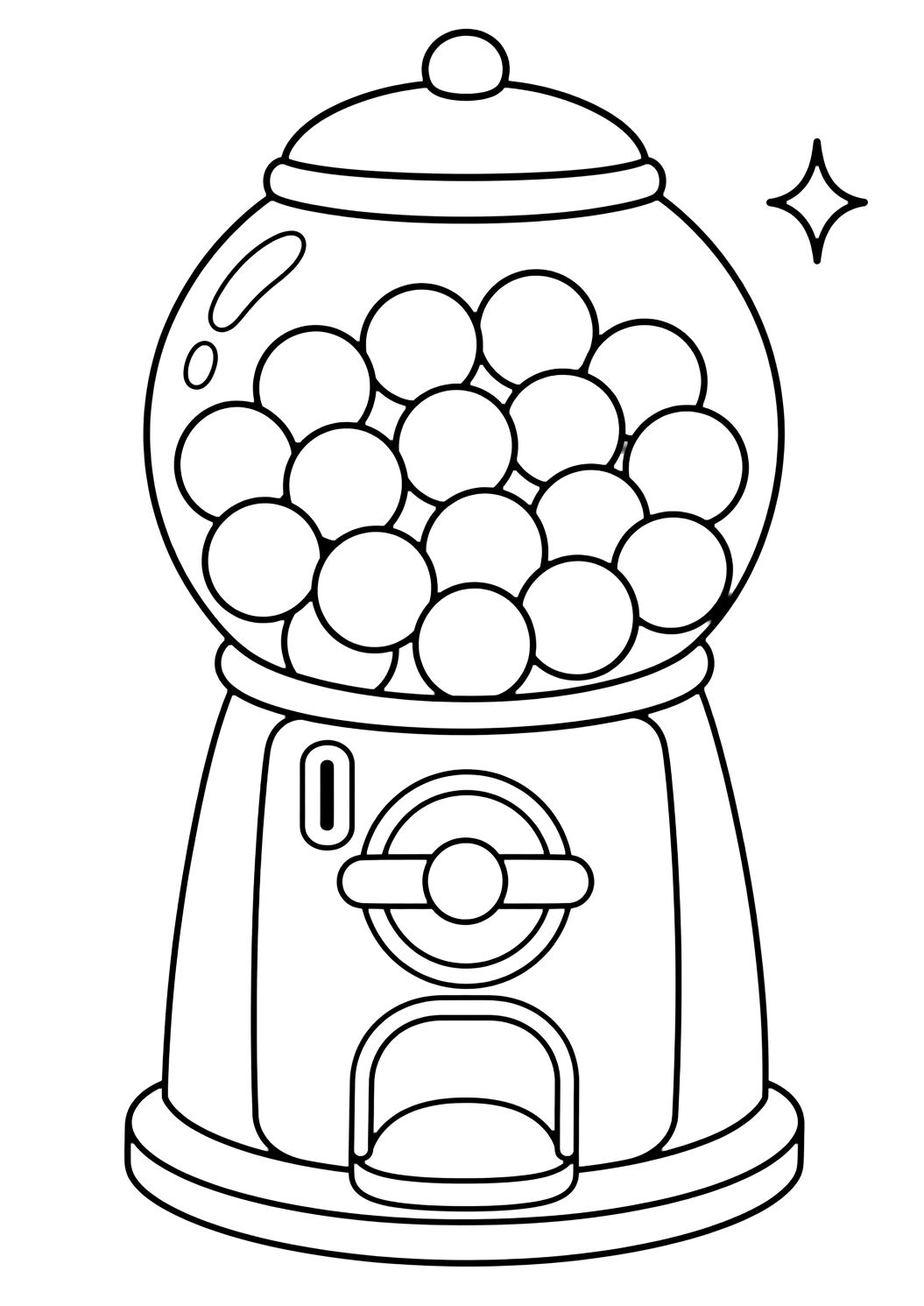Gumball Machine coloring page with a cute gumball machine with a round glass top full of simple gumballs, a turning knob, a coin slot, and a tiny sparkle