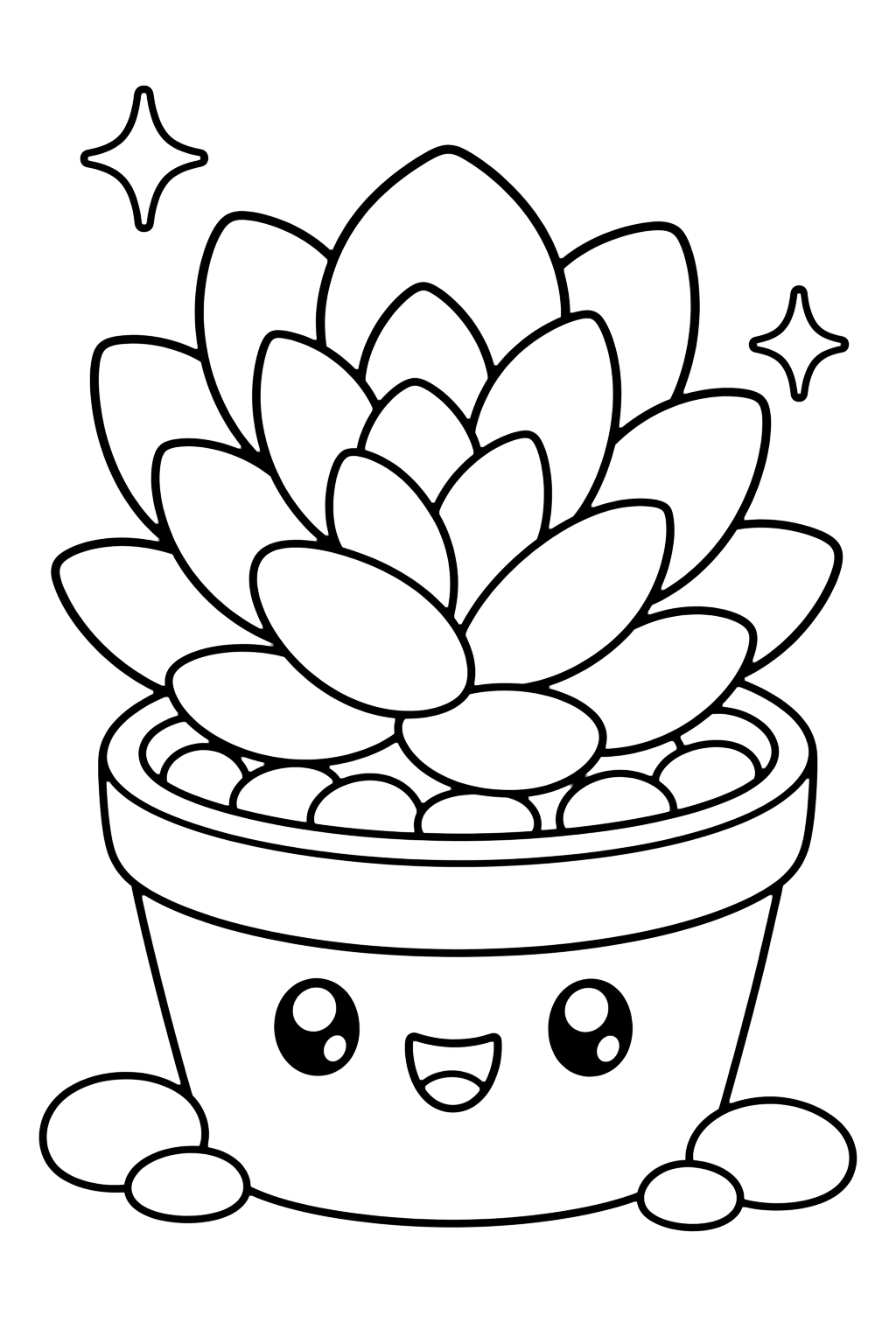 happy succulent pot coloring page with a cute succulent with thick leaves in a smiling pot, small stones, and two sparkles for kids