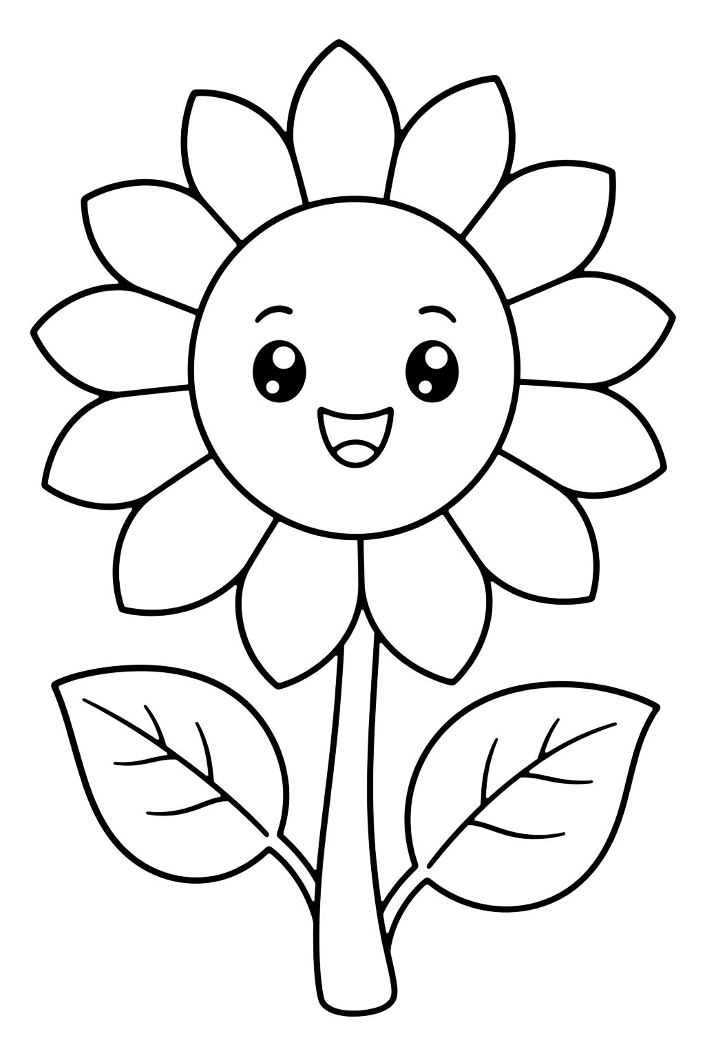 Girasole felice da colorare con un grande girasole con centro rotondo, grandi petali, due foglie, uno stelo semplice e un viso sorridente sul fiore