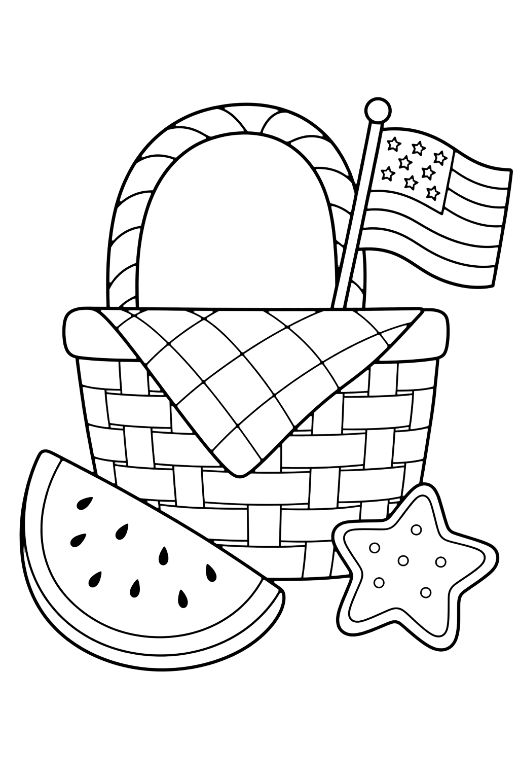 July 4 Picnic Basket coloring page with one picnic basket with a cloth napkin, a watermelon slice, one small American flag, and a star-shaped cookie beside it
