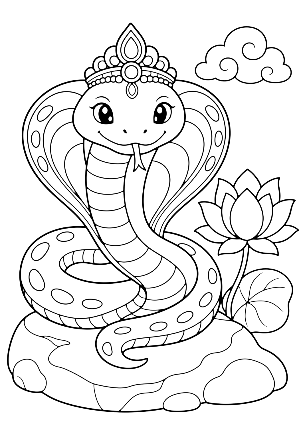 Karkotaka Serpent King coloring page with a friendly coiled serpent with a jeweled hood, a lotus flower, a smooth rock, and one soft cloud curl