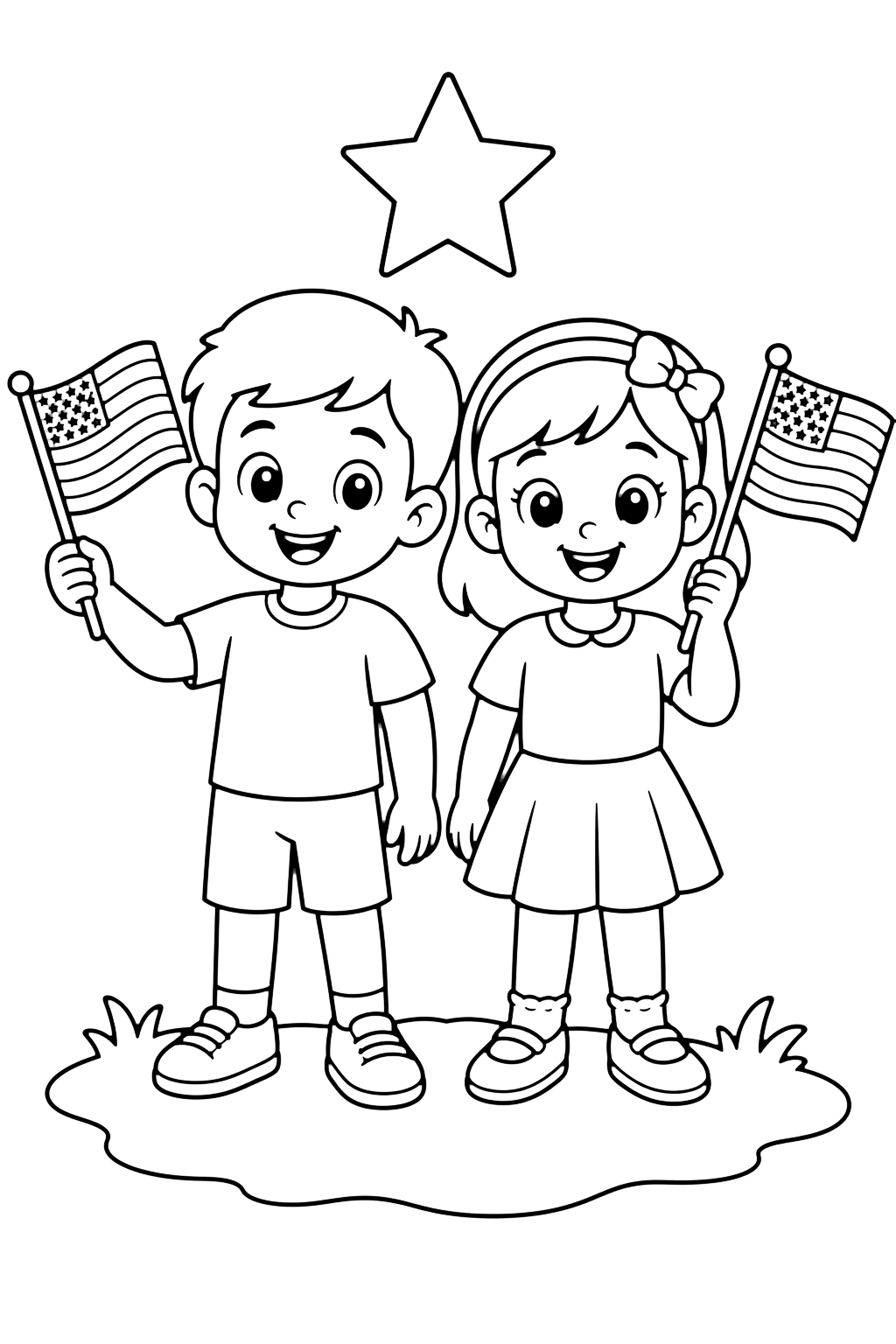 Kids Holding Small Flags coloring page with two happy children standing side by side, each holding a small American flag, with one star above them and a simple patch of ground below