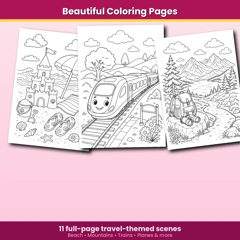 Kids Travel Activity Pack travel-themed coloring pages preview.