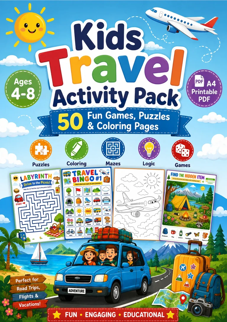 Kids Travel Activity Pack printable PDF cover with games, puzzles, mazes, and coloring pages for ages 4 to 8.