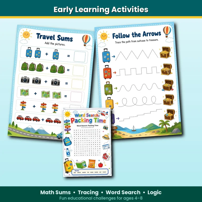 Kids Travel Activity Pack early learning activities with sums, tracing, word search, and logic pages.