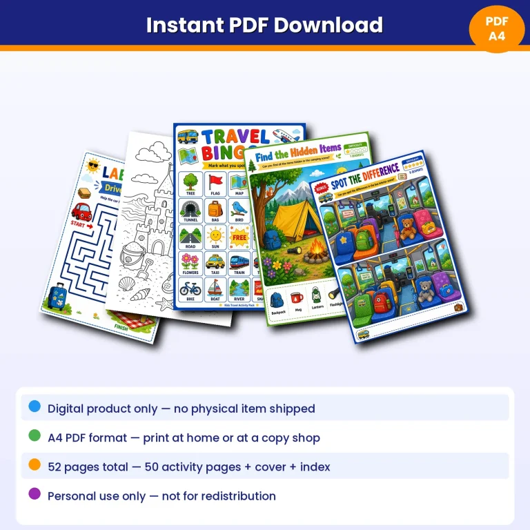 Kids Travel Activity Pack instant download information with A4 PDF details.