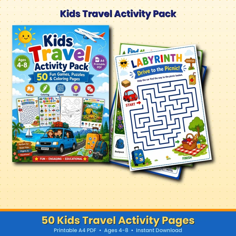 Kids Travel Activity Pack printable PDF cover and maze activity preview.