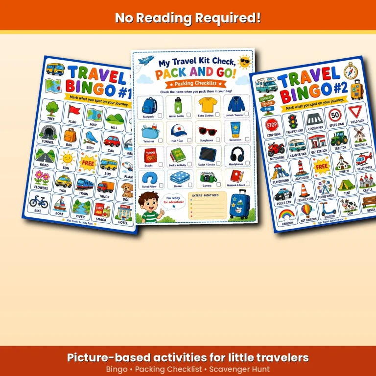 Kids Travel Activity Pack picture-based activities preview for young travelers.
