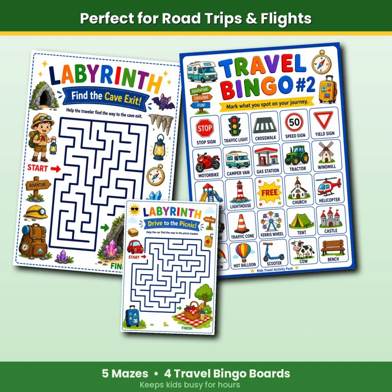 Kids Travel Activity Pack road trip and flight activity pages preview.