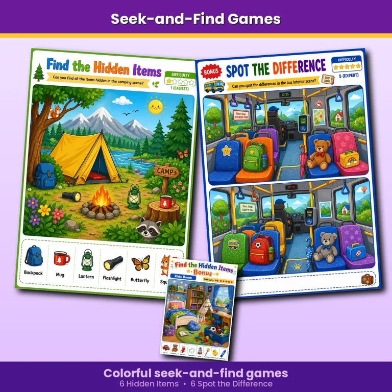 Kids Travel Activity Pack seek-and-find and spot-the-difference activity preview.