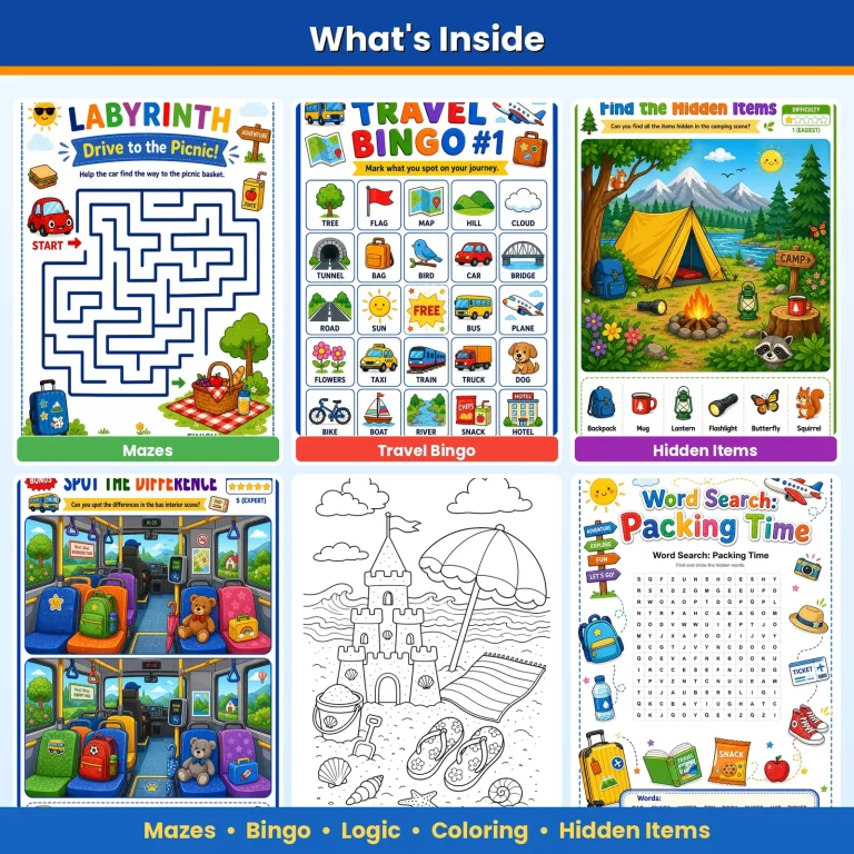 Kids Travel Activity Pack preview showing included mazes, bingo, logic, coloring, and hidden item pages.