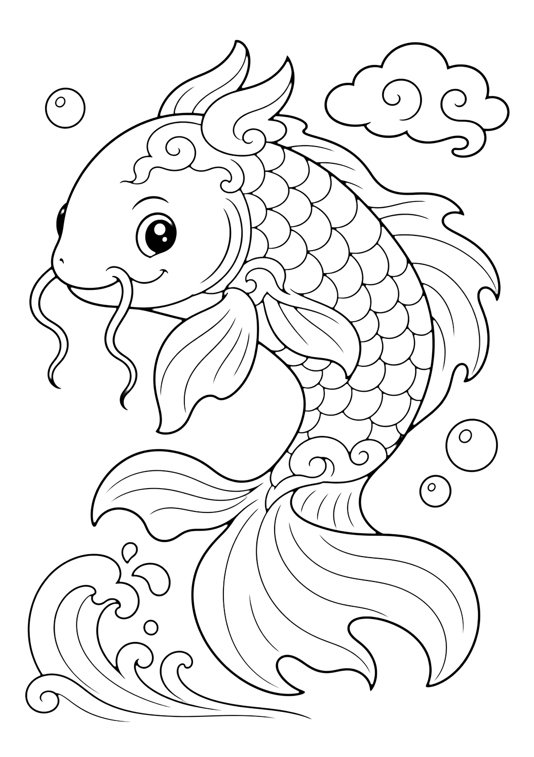 Disegno da colorare del mostro marino Kun con una magica creatura marina simile a un pesce con bolle e riccioli d’onda