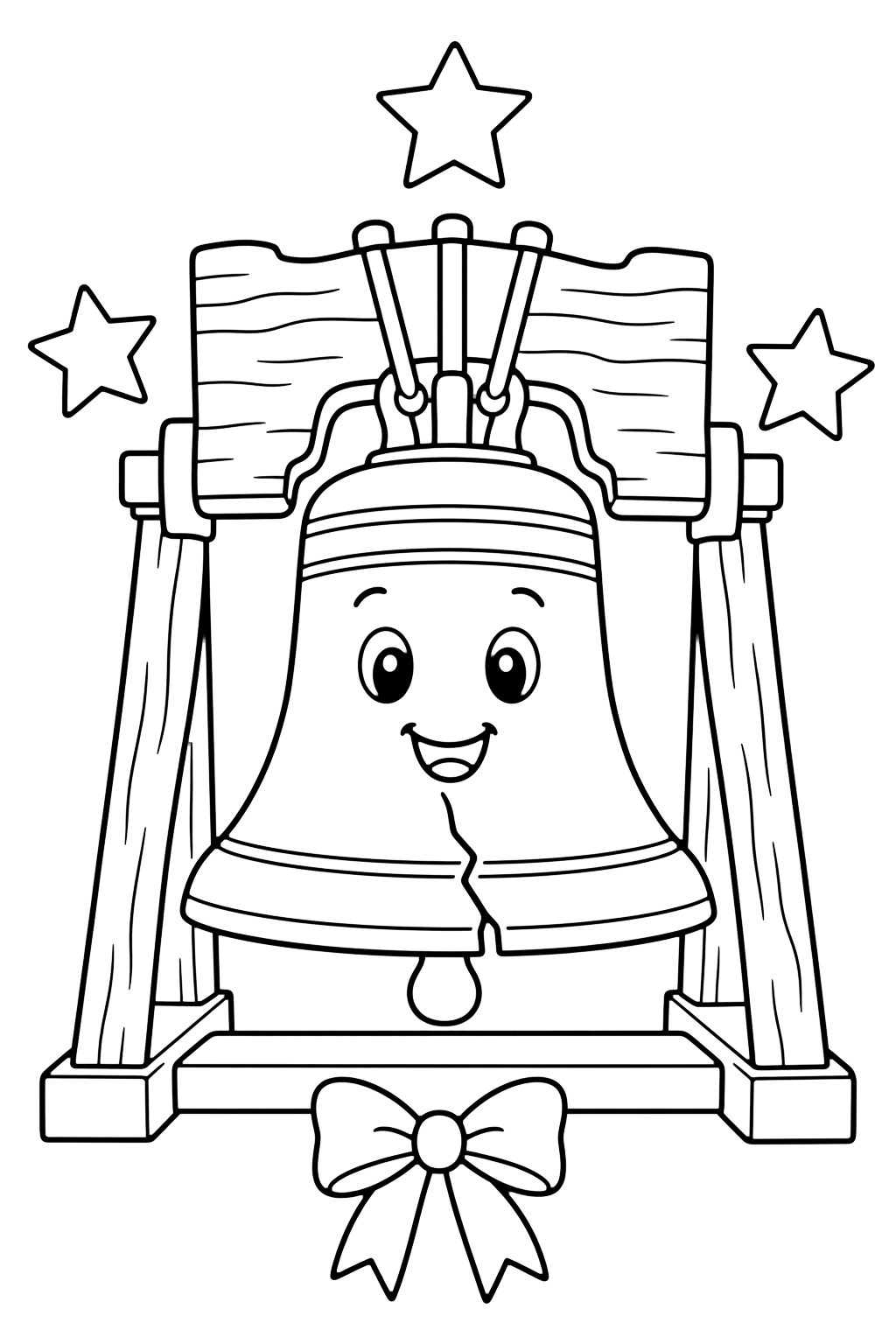 Liberty Bell coloring page with one friendly Liberty Bell on a simple stand with three stars around it and a tiny ribbon bow underneath