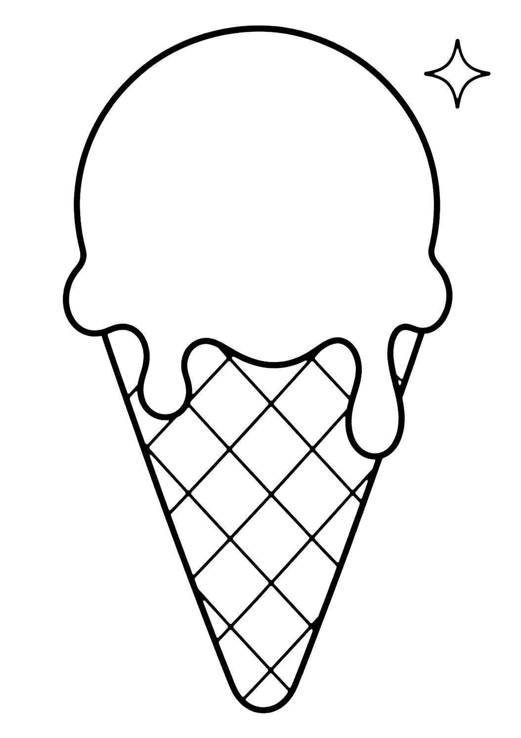 Melting Ice Cream Cone coloring page with one cute melting ice cream cone with a big round scoop, two gentle drips, a waffle cone pattern, and one tiny sparkle