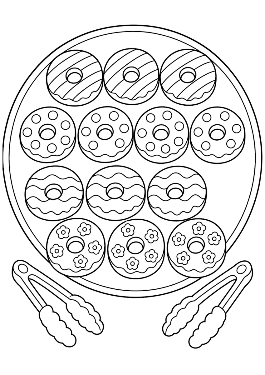 Mini donuts coloring page with thirteen patterned donuts on a plate