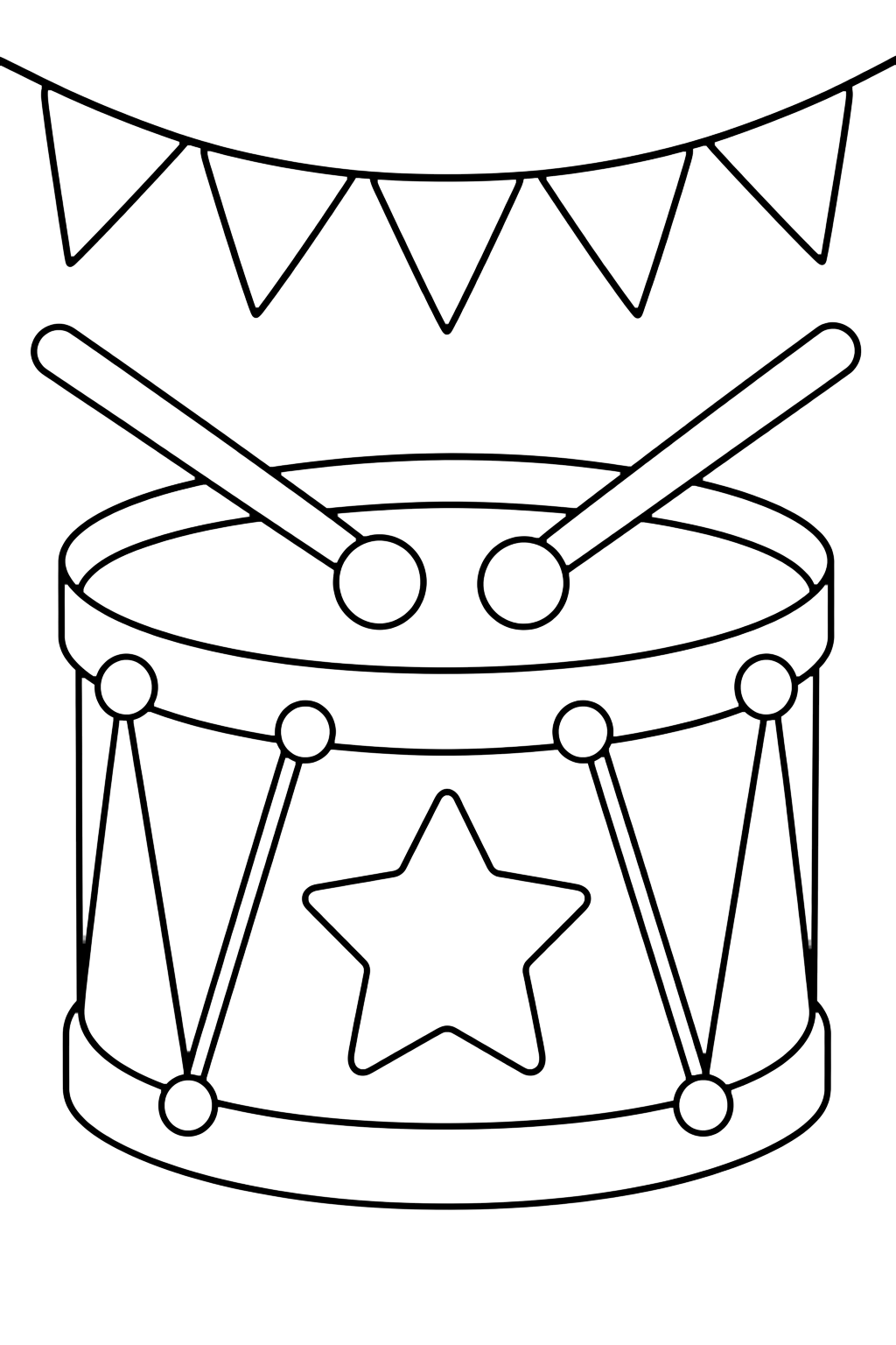 Parade Drum coloring page with one parade drum with two drumsticks, a star on the drum, and simple bunting above it