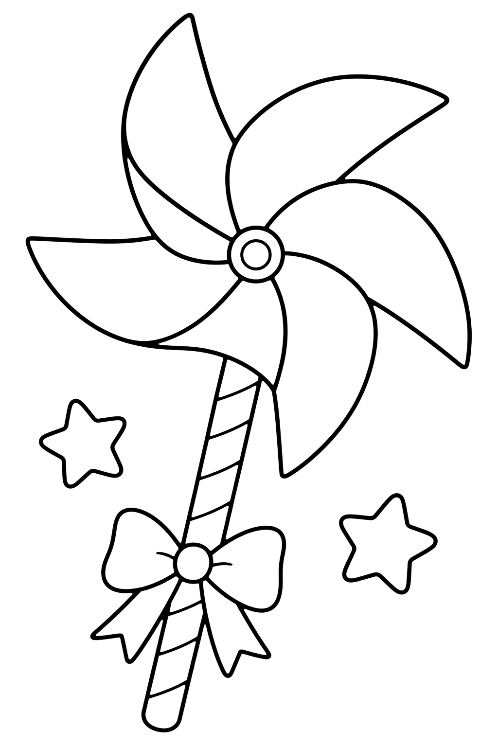 Patriotic Pinwheel coloring page with one large pinwheel with broad blades, a striped stick, two tiny stars, and a small ribbon bow