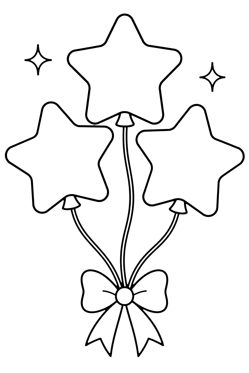 Patriotic Star Balloons coloring page with three star-shaped balloons with curved strings, a small tied bow, and two tiny sparkles