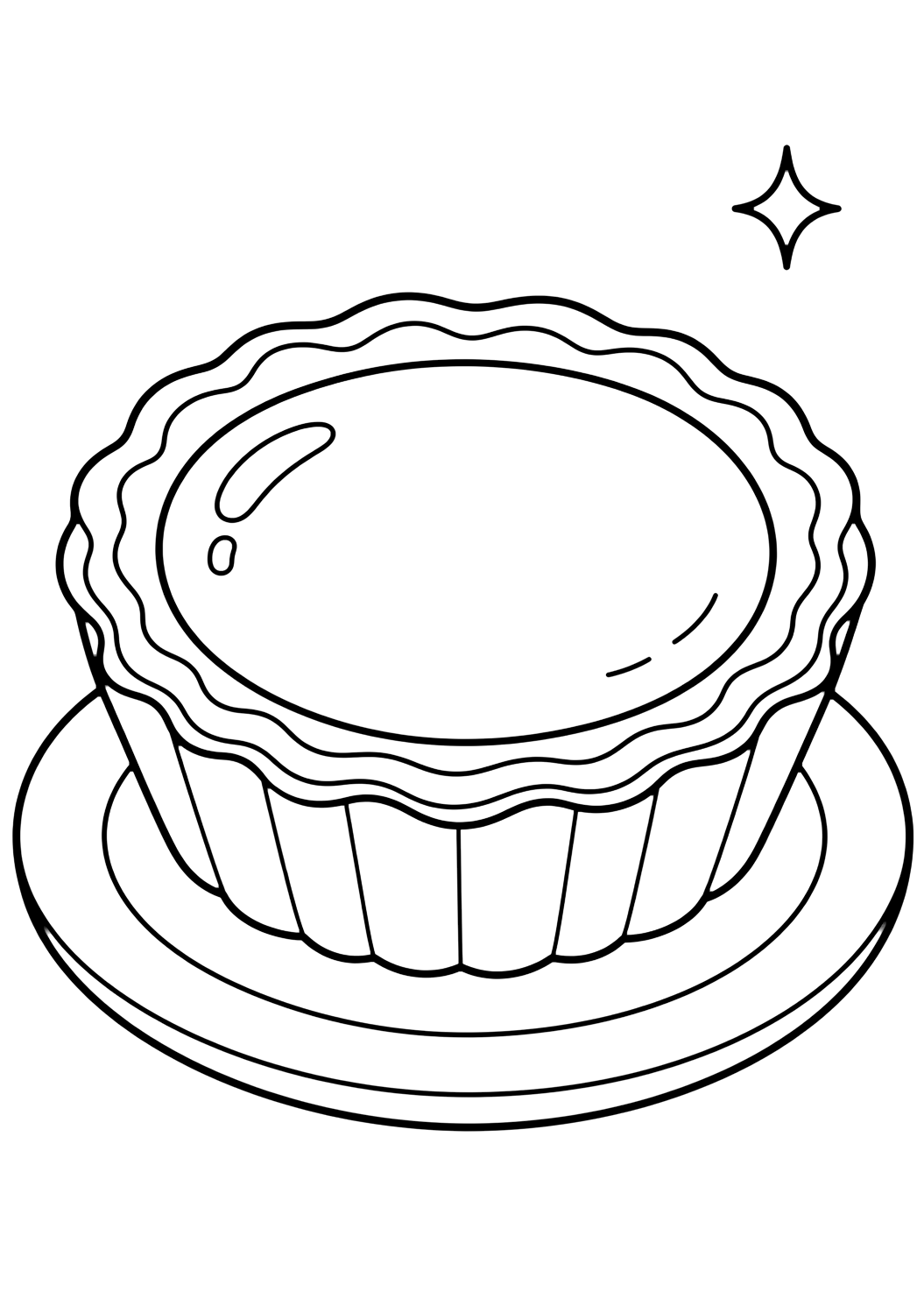 Portuguese Egg Tart coloring page with one cute Portuguese egg tart in a fluted pastry shell with a smooth custard center, a small plate beneath it, and a tiny sparkle