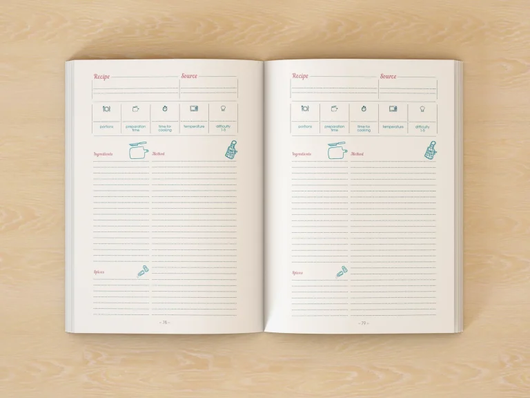 Open Premium Family Recipe Journal showing blank recipe pages for ingredients and cooking notes.