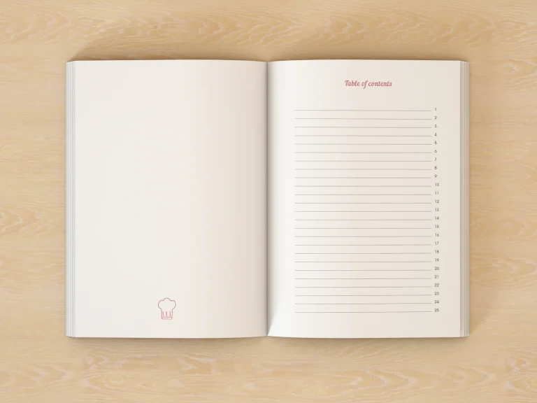 Open Premium Family Recipe Journal showing the table of contents and index-style pages.