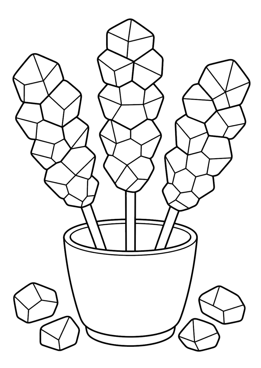 Rock candy coloring page with three crystal sticks in a cup