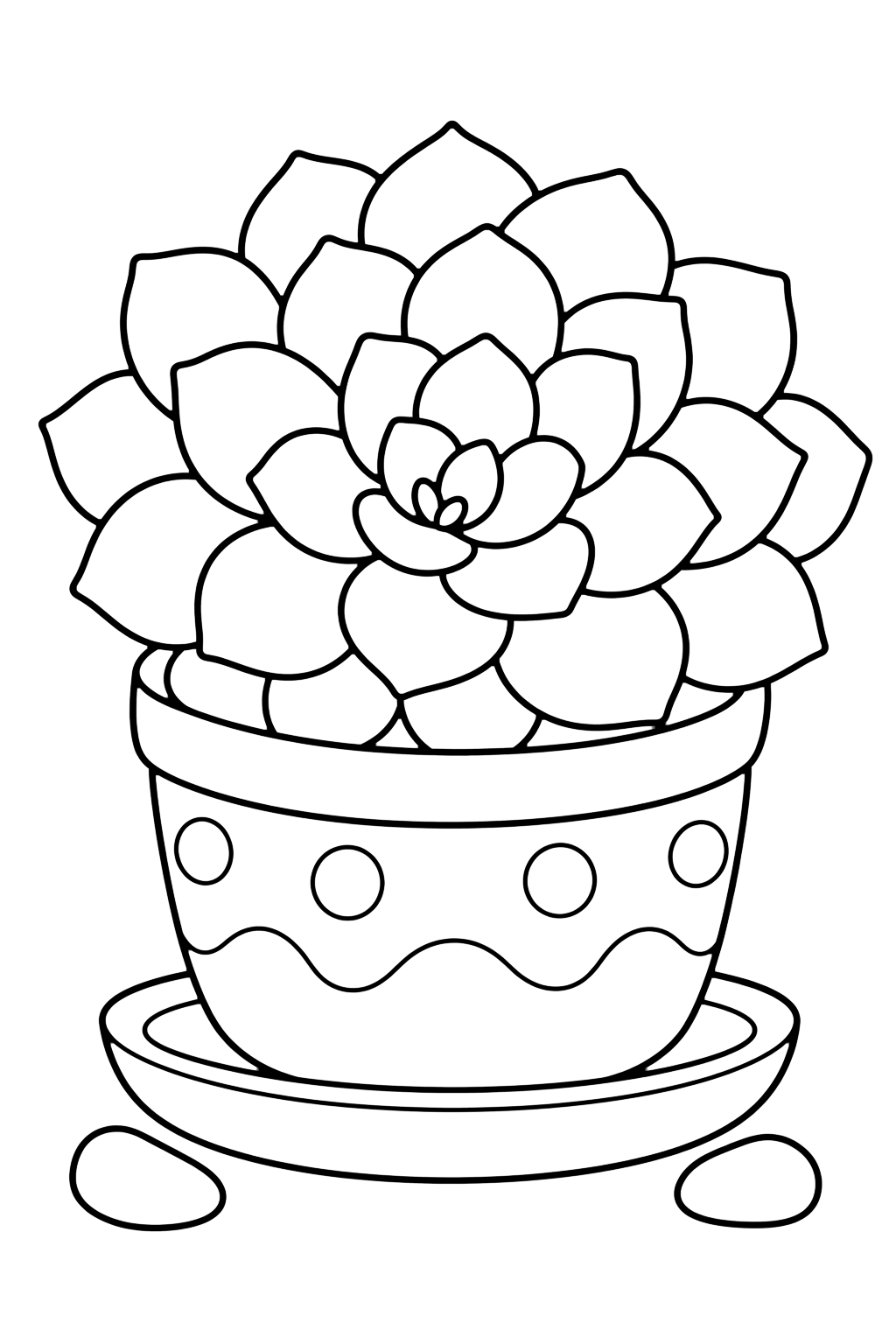 Succulenta a rosetta in vaso da colorare con una succulenta a rosetta con foglie arrotondate sovrapposte, un piccolo vaso decorato, un sottovaso e due sassolini