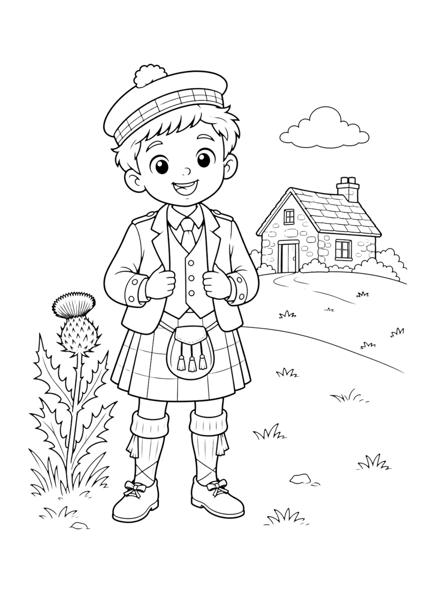 Kilt giyen İskoç çocuk boyama sayfası