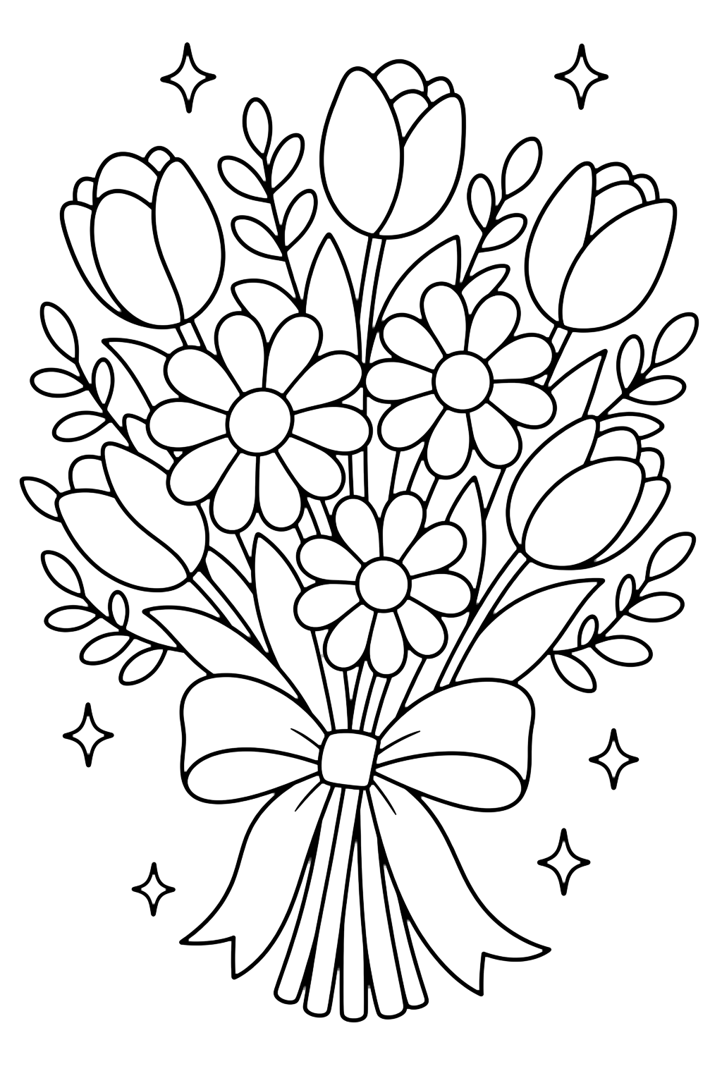 Frühlingsblumenstrauß Ausmalbild mit ein handgebundener Strauß mit Tulpen, Gänseblümchen, belaubten Stielen, einer Schleife und kleinen Funkelsternen