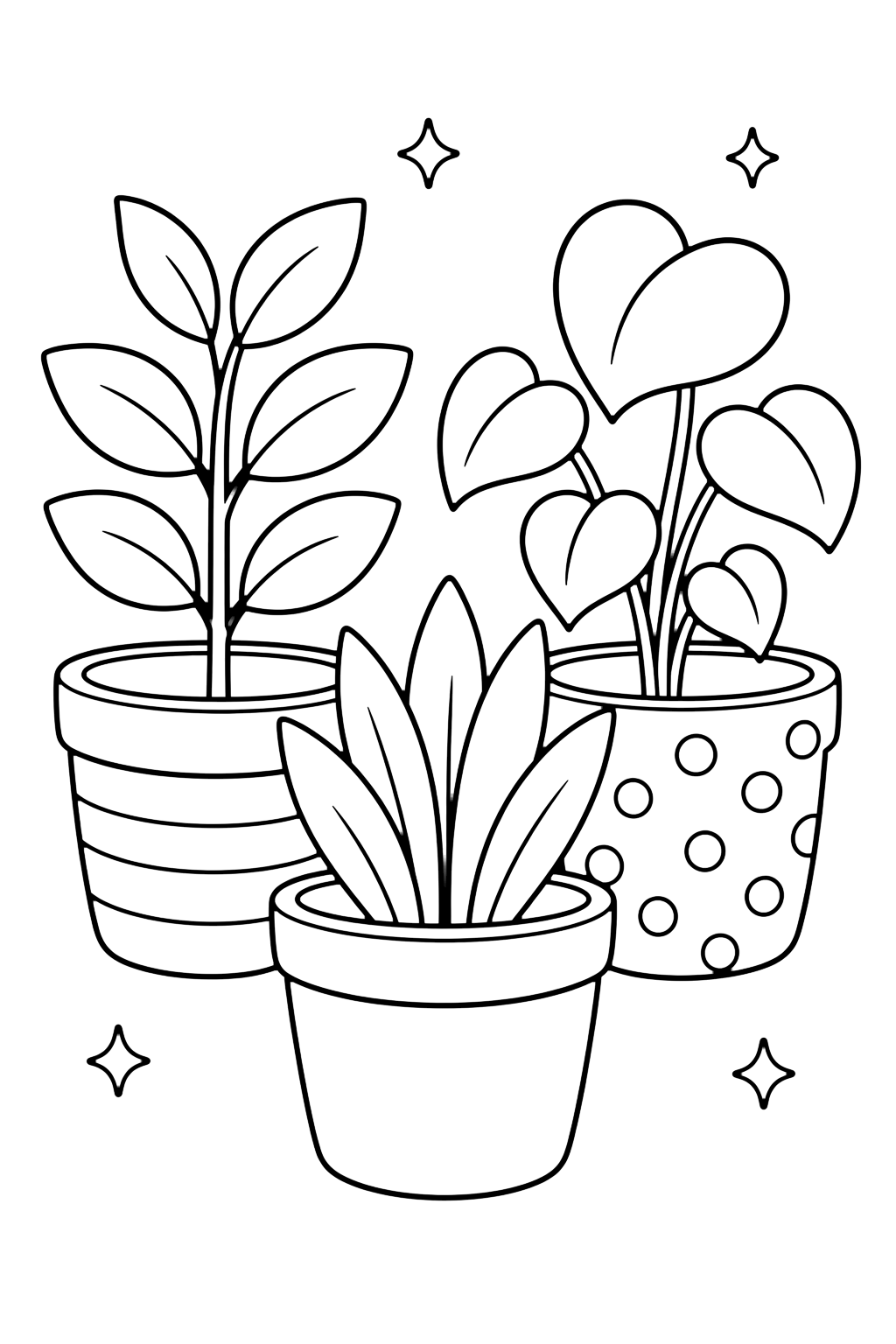 Trois petites plantes en pot à colorier avec trois petits pots avec des feuilles différentes, un pot rayé, un pot à pois, un pot uni et de petites étincelles