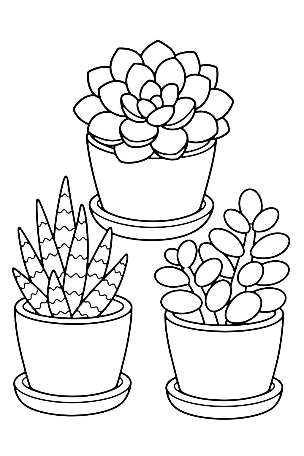 Tre vasi di piante grasse da colorare con tre piccoli vasi con succulente diverse, una pianta a rosetta, una pianta spinosa, una pianta con foglie arrotondate e semplici sottovasi