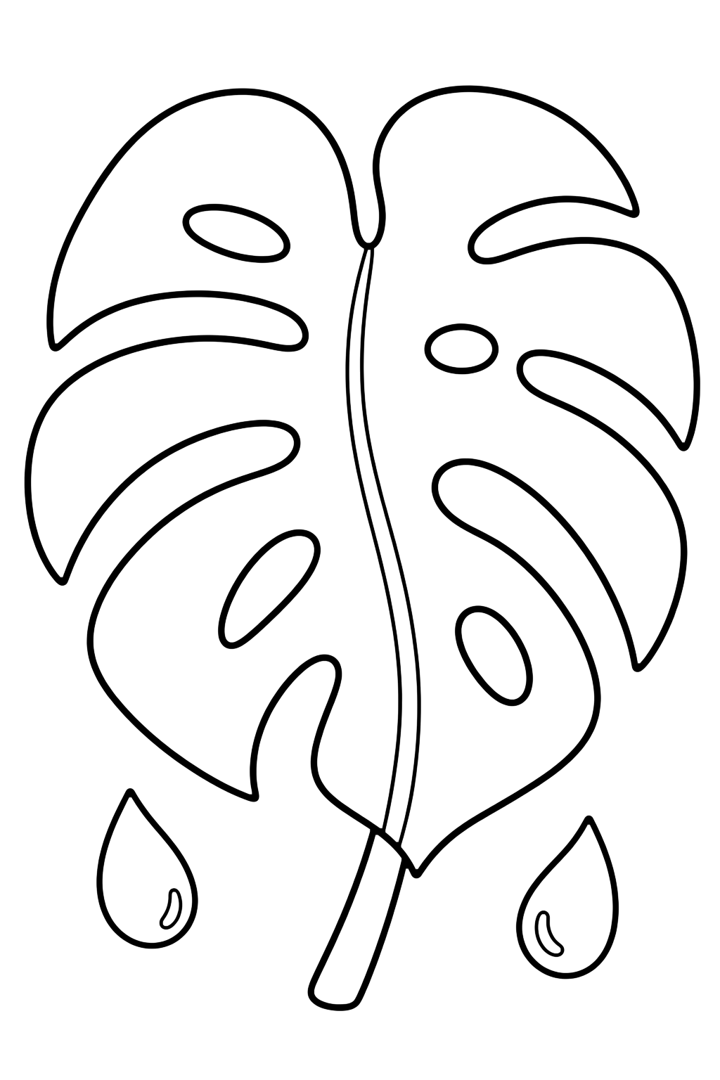 Hoja tropical de monstera para colorear con una gran hoja de monstera con secciones amplias, cortes sencillos, un tallo firme y dos pequeñas gotas decorativas