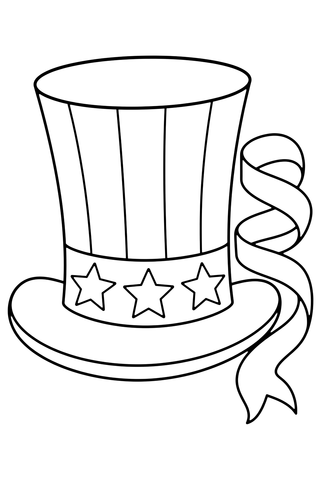Uncle Sam Hat coloring page with one tall Uncle Sam style hat with a striped band, three stars, and a curled ribbon beside it