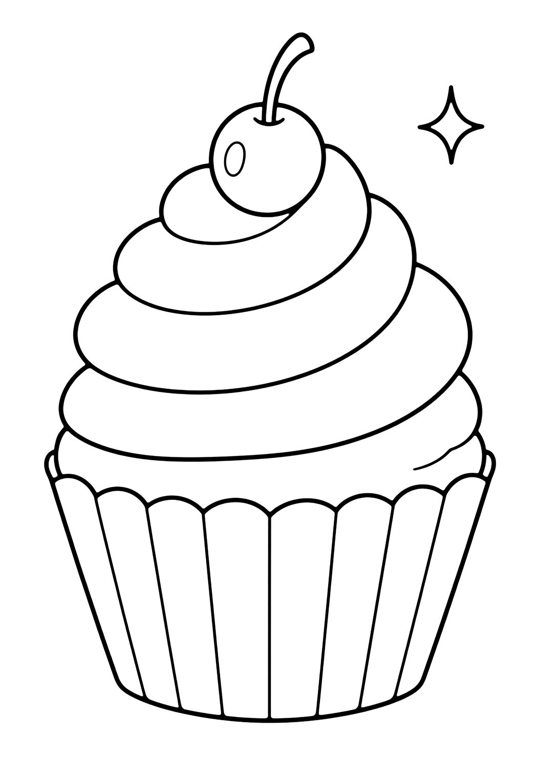Vanilla Cupcake coloring page with one cute vanilla cupcake in a paper wrapper with a tall frosting swirl, a tiny cherry on top, and a small sparkle