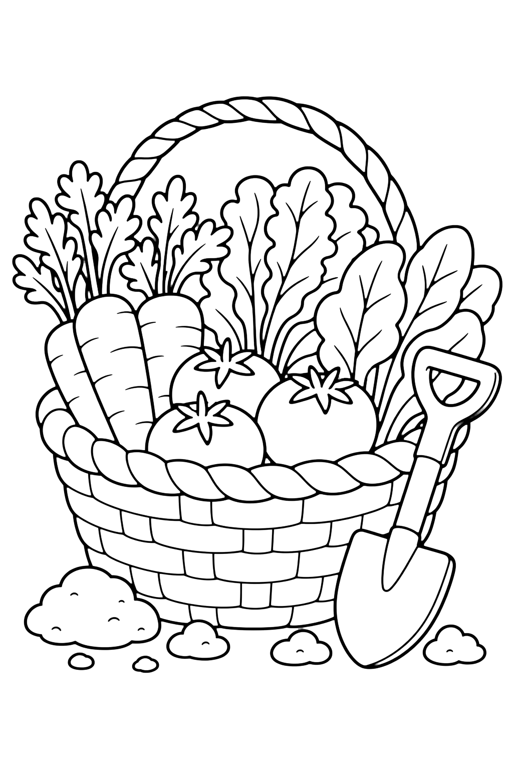 Cestino dell'orto da colorare con un cestino da giardino pieno di carote, pomodori, verdure a foglia, una piccola paletta e qualche zolla di terra