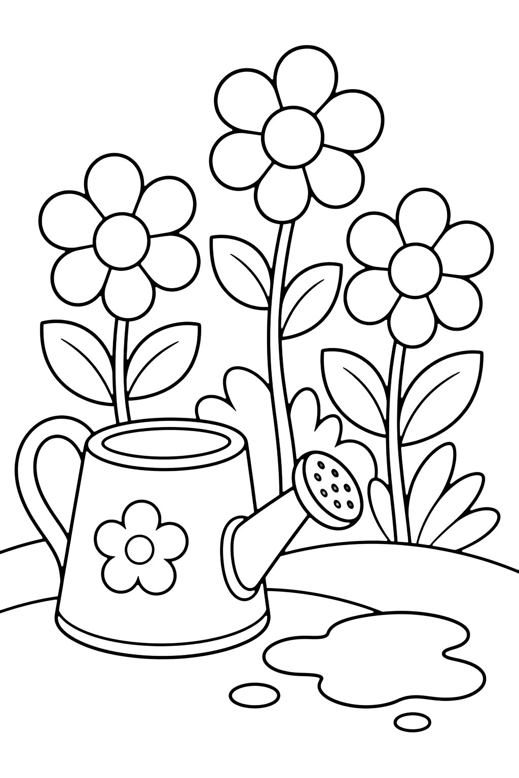 Regadera y flores para colorear con una regadera junto a tres flores abiertas, hojas sencillas, un pequeño charco y líneas curvas de suelo de jardín