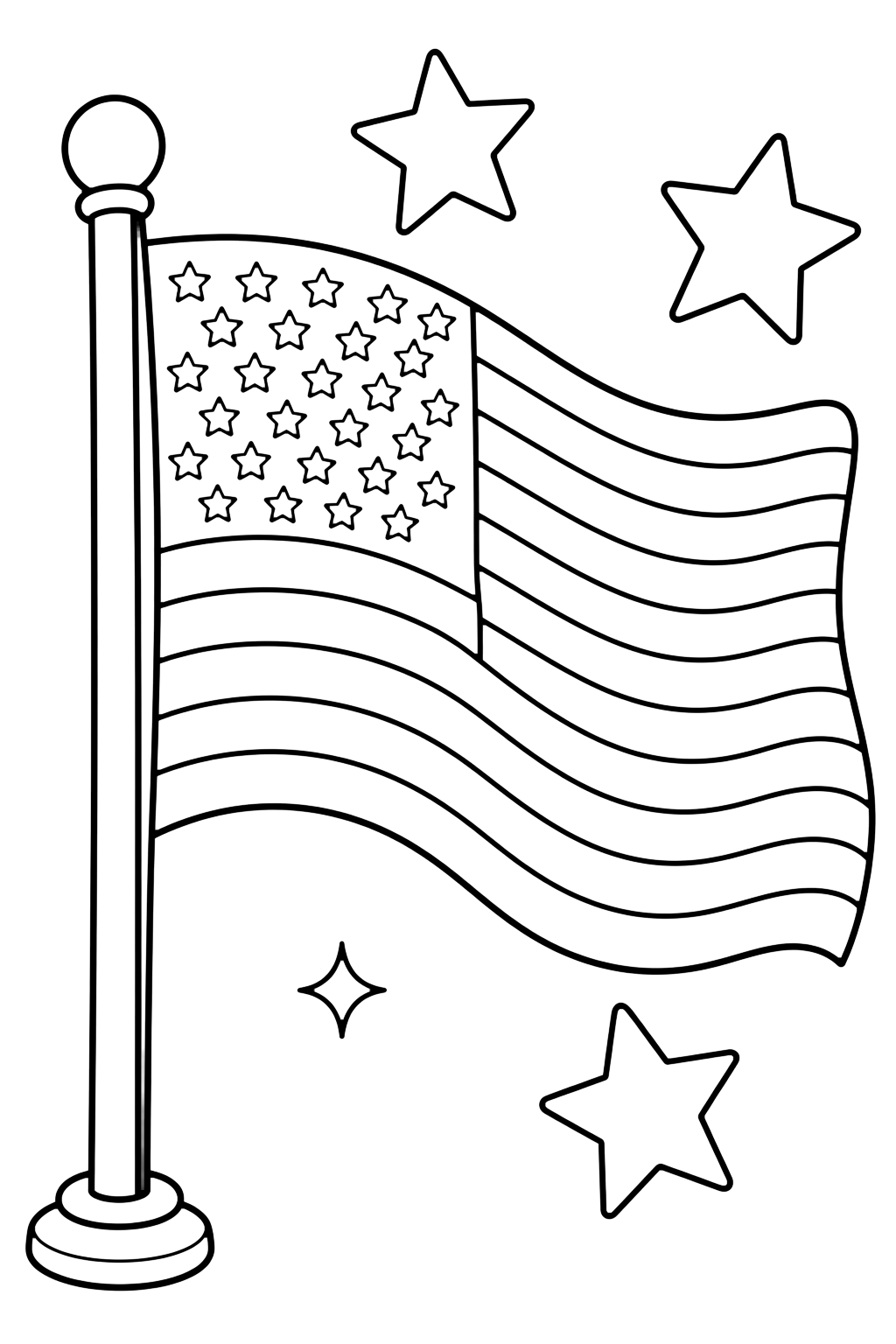 Waving American Flag coloring page with one large waving American flag on a flagpole with three floating stars and a tiny sparkle