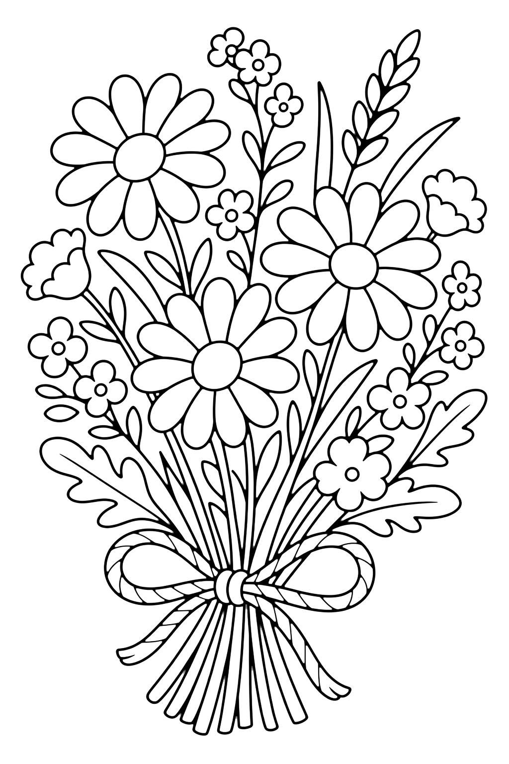 wildflower bouquet coloring page with a loose bouquet of wildflowers with daisies, small blossoms, grass stems, and a simple twine bow for kids