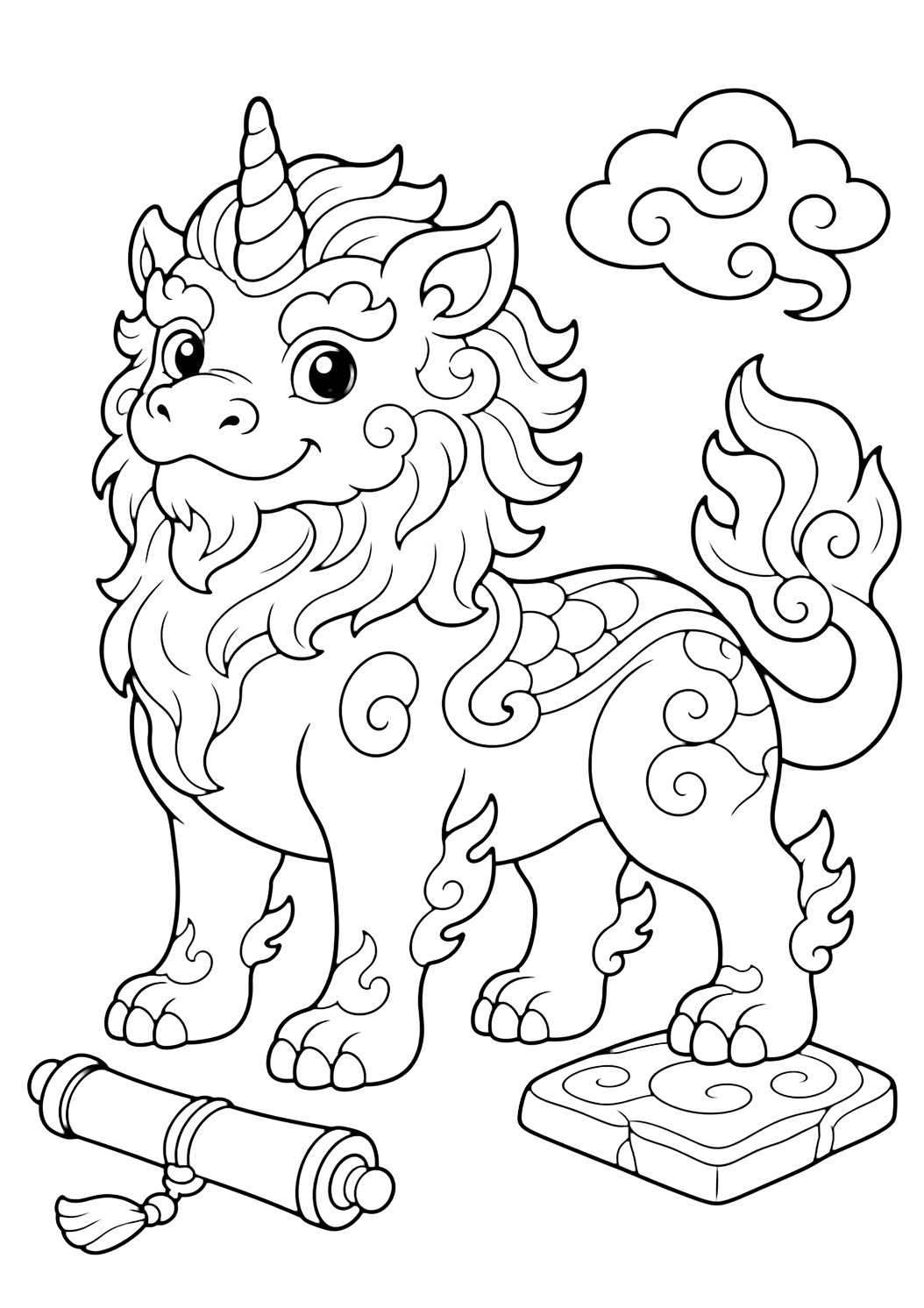 Xiezhi Justice Beast coloring page with a one-horned justice beast beside a scroll and carved tile