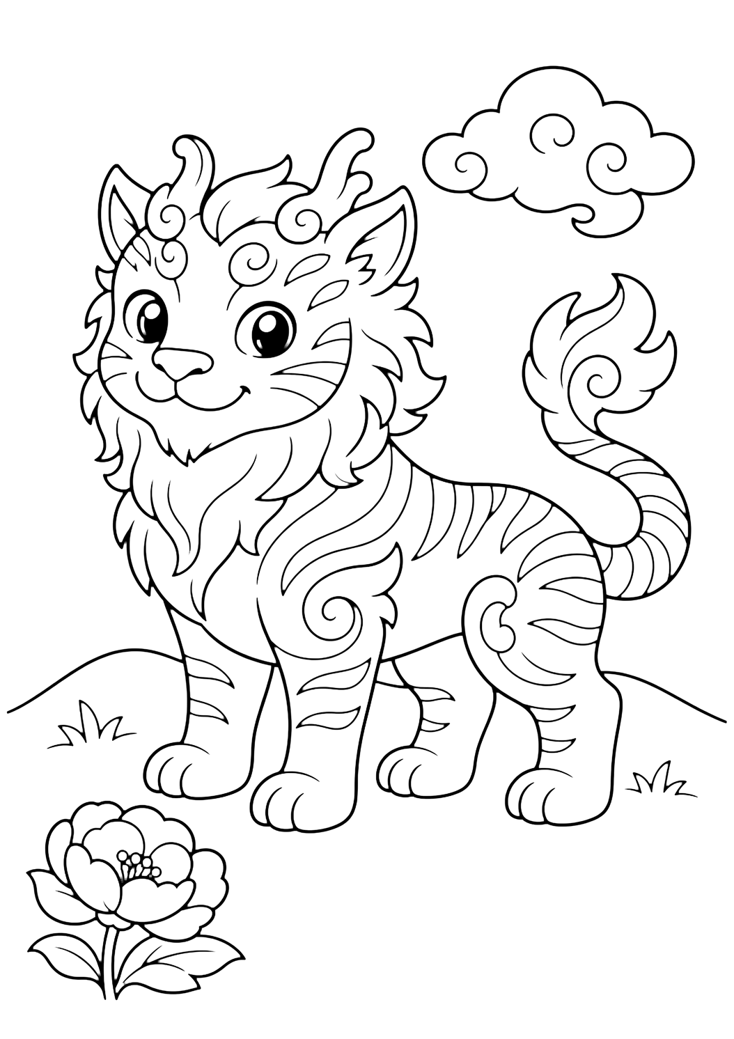 Disegno da colorare dello zouyu, bestia gentile, con una creatura a strisce dal carattere dolce con un fiore e una coda curva