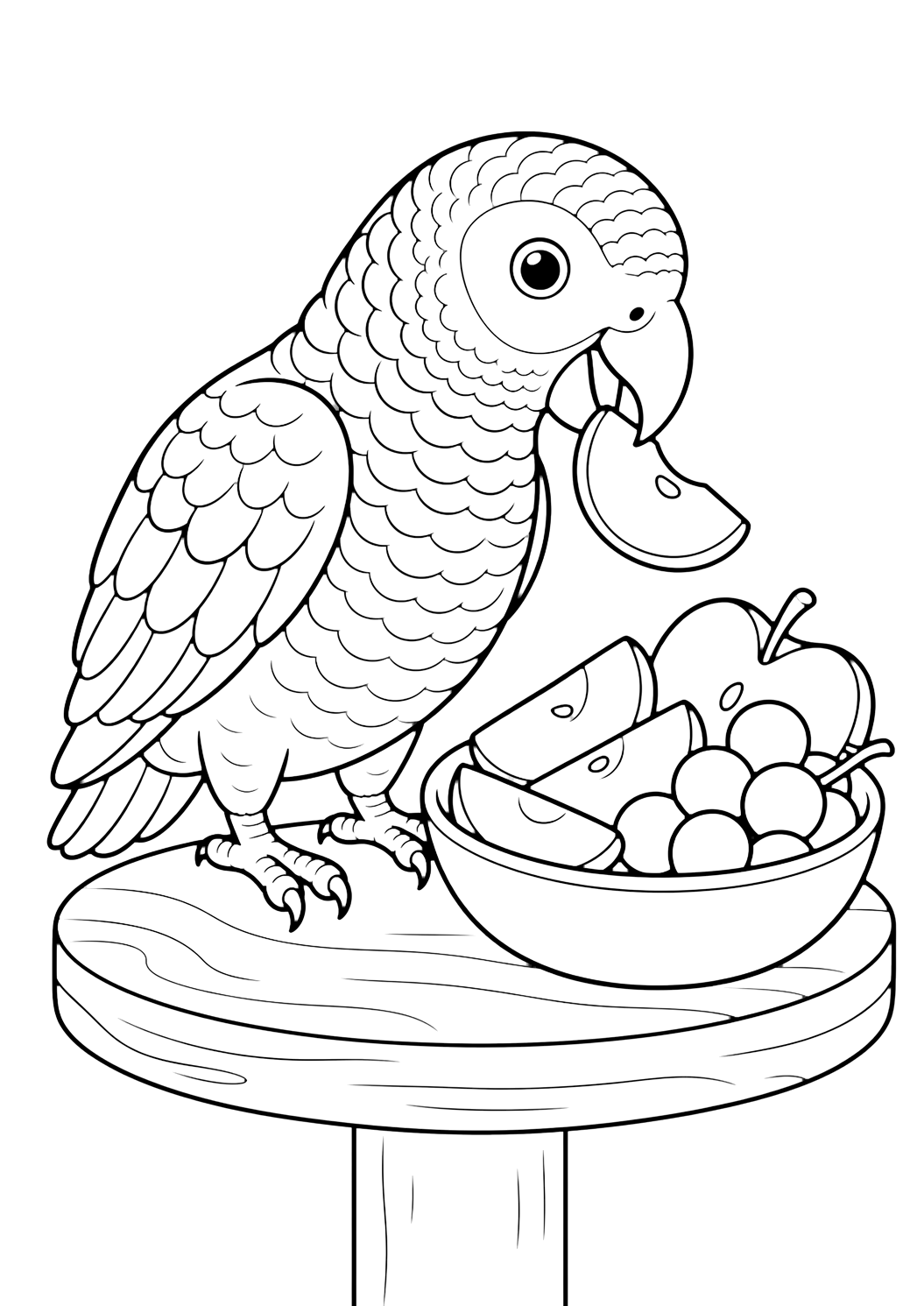 Coloriage perroquet gris mangeant un fruit