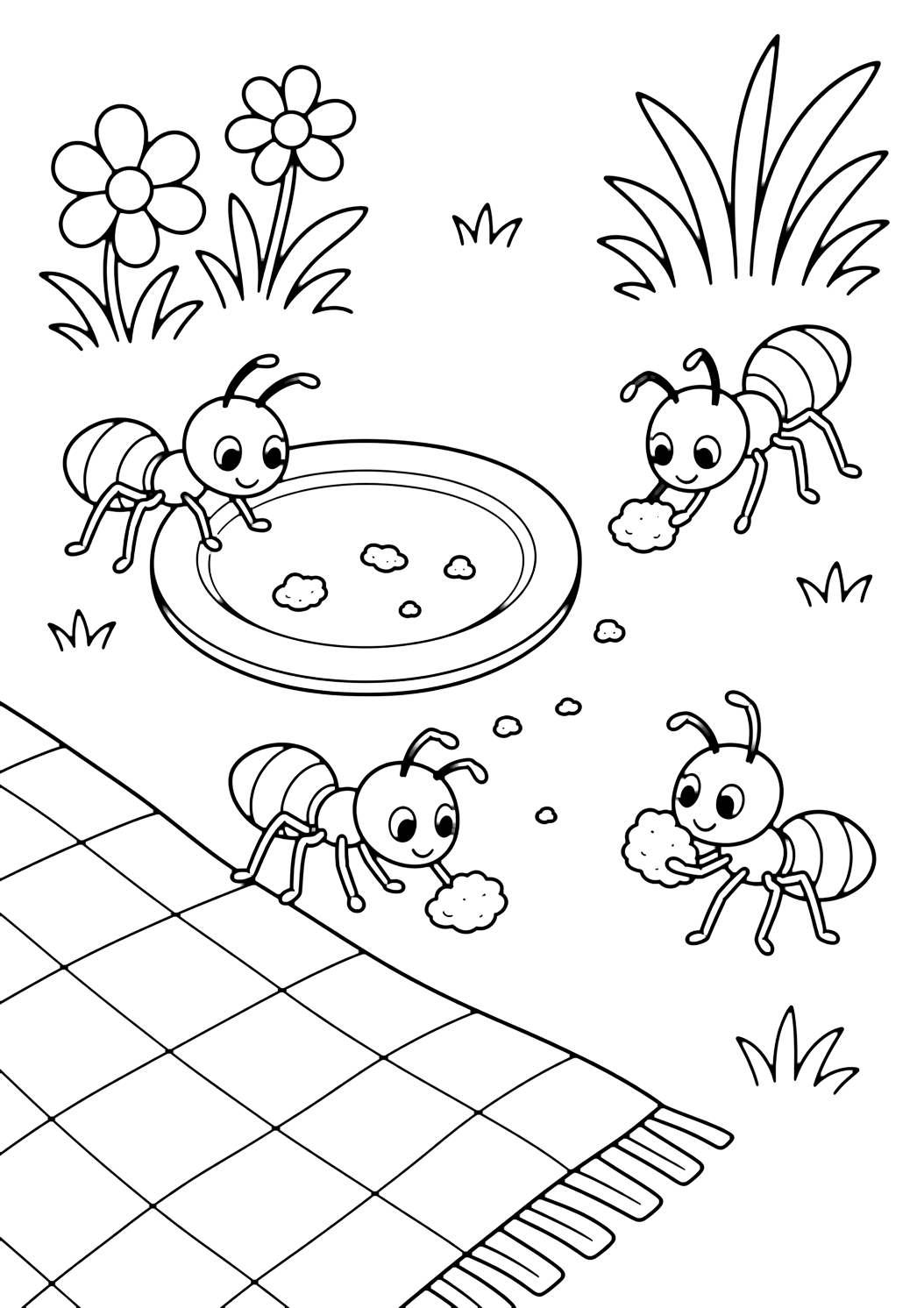 Coloriage de pique-nique avec fourmis et miettes de pique-nique. Idéal pour imprimer, télécharger, colorier en ligne et activités calmes d'été.