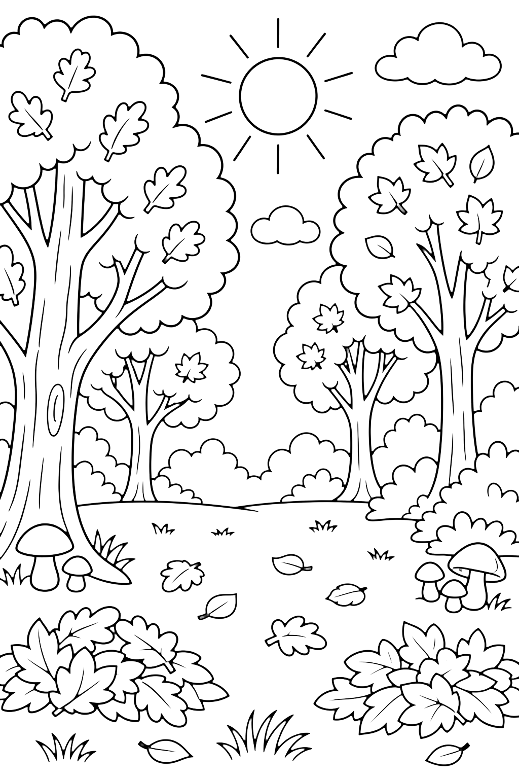 autumn forest clearing coloring page with a sunny clearing surrounded by autumn trees with leaf piles, mushrooms, grass tufts, and a few soft clouds for kids