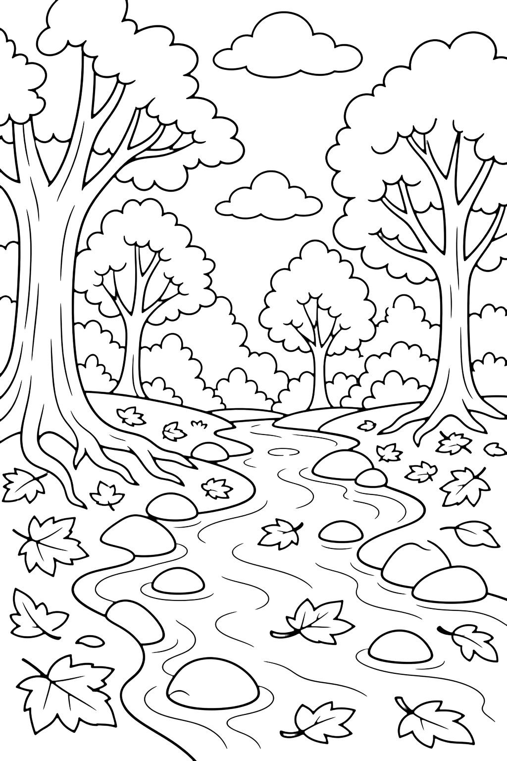 Coloriage ruisseau dans une forêt d'automne