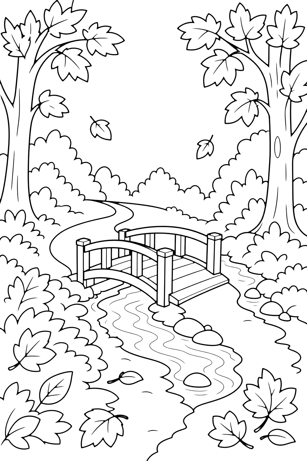 Ponte di legno nel bosco autunnale da colorare