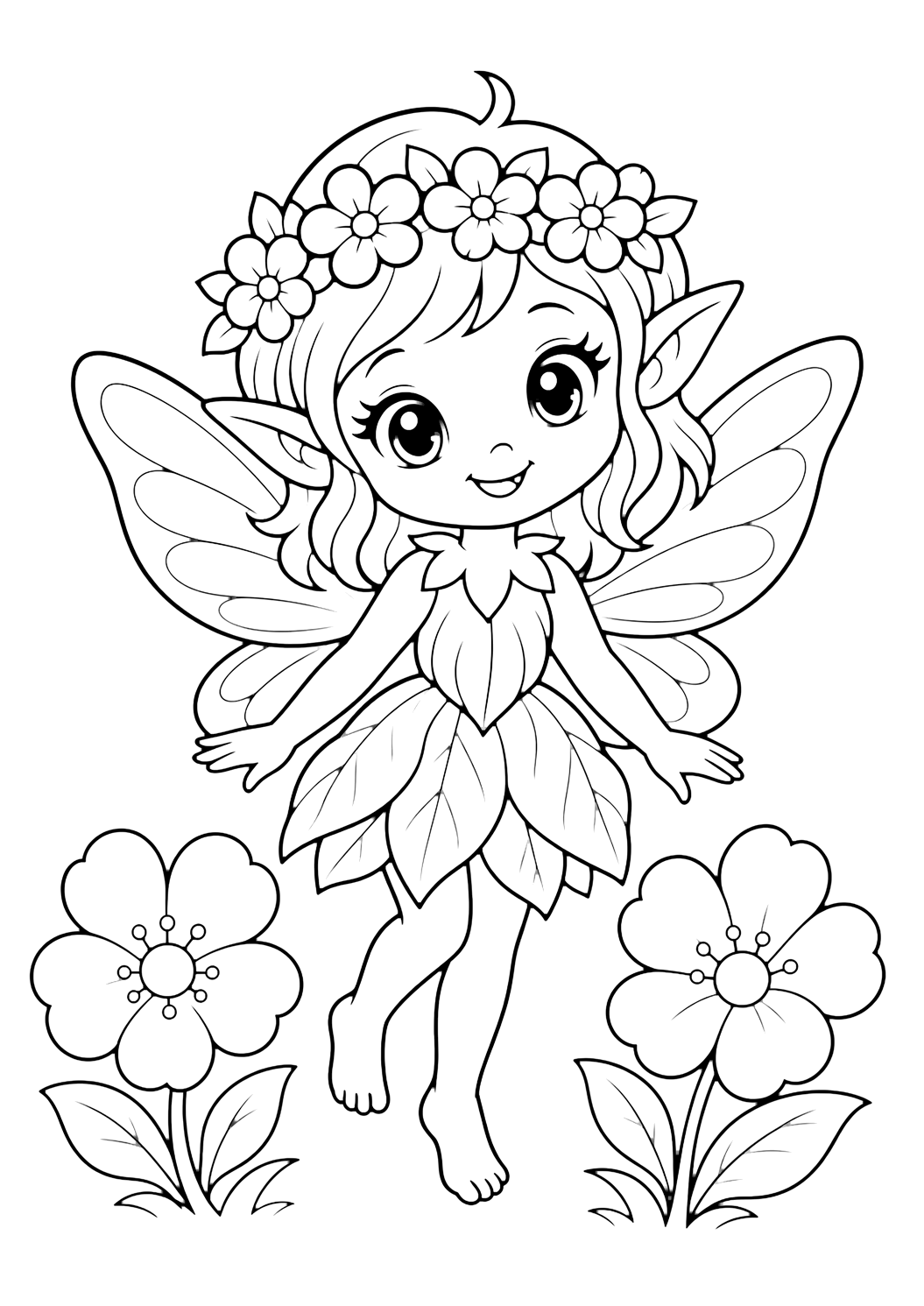 Bébé lutin avec couronne de fleurs à colorier
