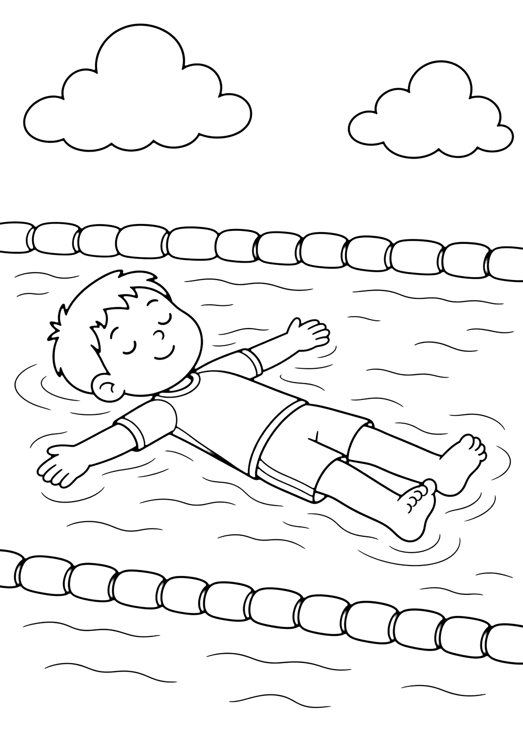 backstroke swimming coloring page with one child floating safely on their back in a pool lane with simple water ripples and clouds above for kids