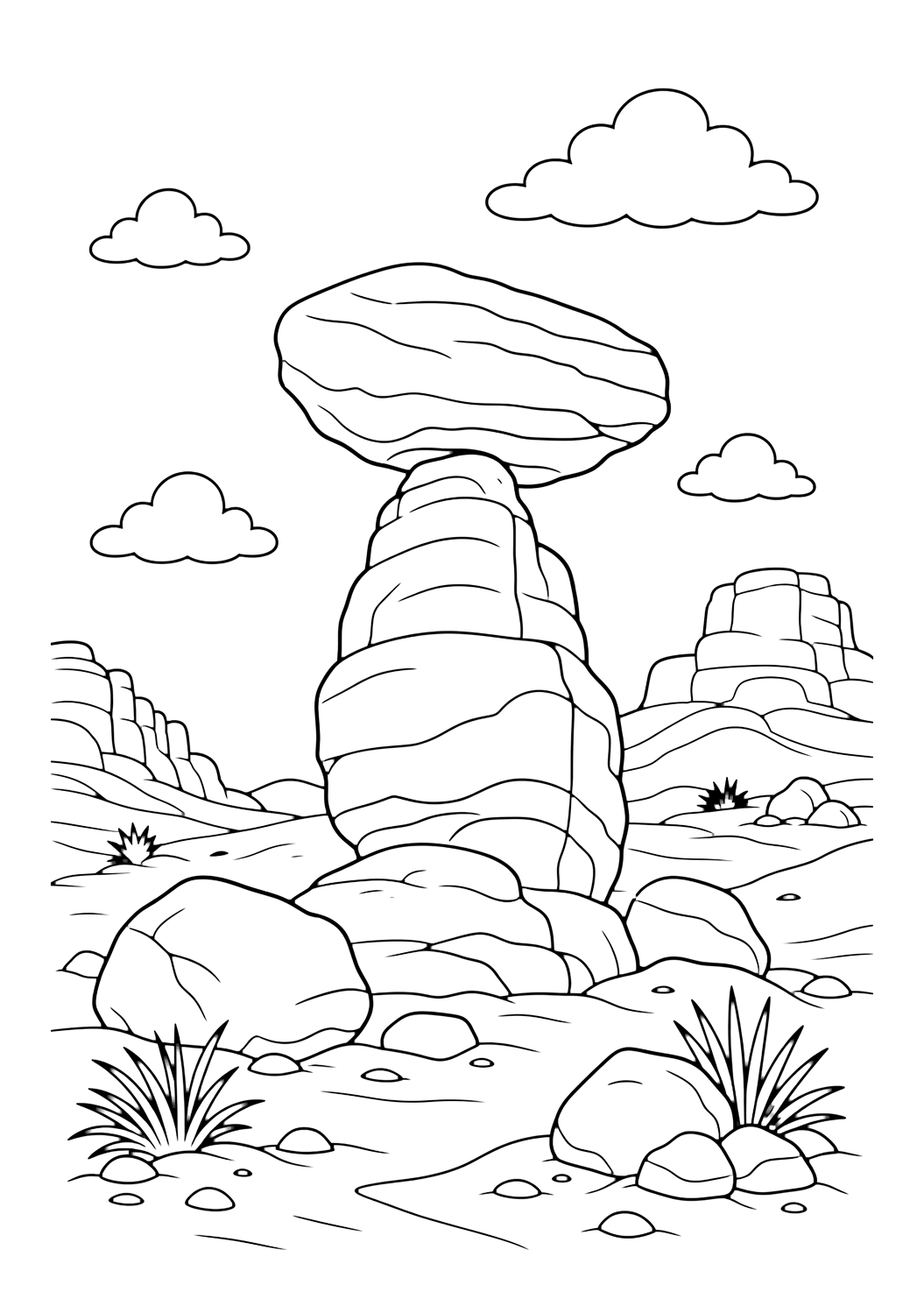 balanced rock desert coloring page with a balanced rock formation in a red rock desert with boulders, sandy ground, and sky for kids